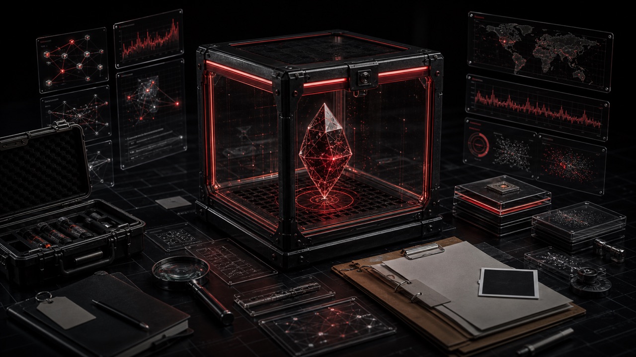 Cinematic dark malware-analysis sandbox with sealed containment cube, red telemetry, and neutral evidence artifacts for detonate.