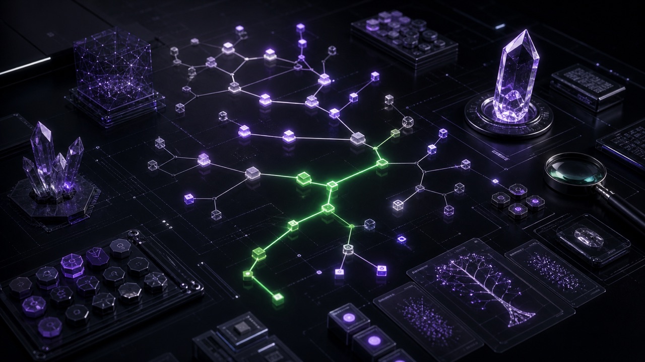 Cinematic dark symbolic-execution graph with purple constraint nodes, solver crystals, and a green solved path for klee-ng.