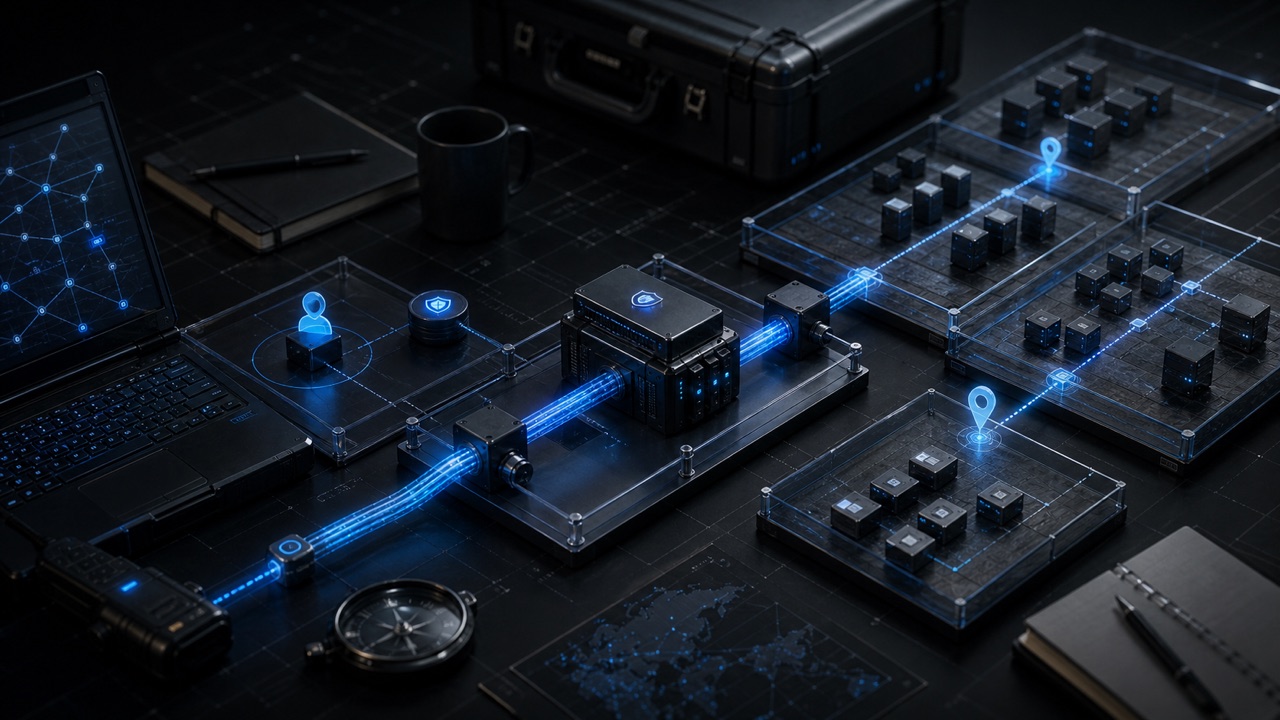 Cinematic dark network-security lab visualization of a blue relay tunnel path, scoped subnet tiles, and operator-controlled routing for ligolo-ng-relay.