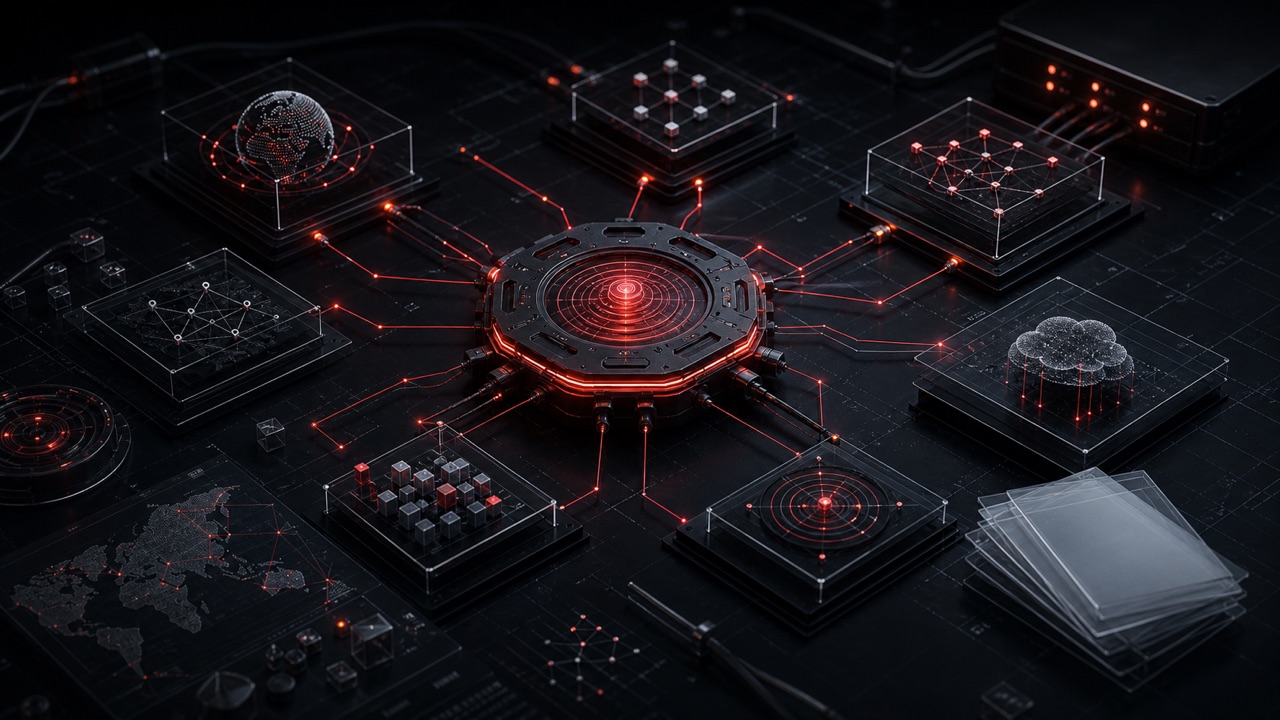 Cinematic dark lab visualization of MCP pentest security automation with scoped protocol nodes and evidence-report artifacts.