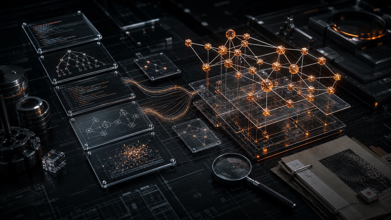 Cinematic dark program-analysis bench with orange code-property graph nodes, AST fragments, and dataflow layers for oxidized-joern.