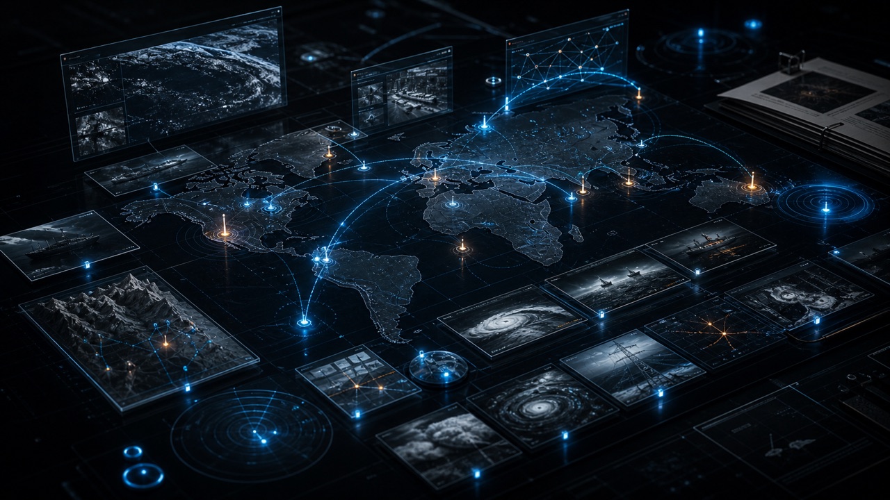 Cinematic dark OSINT operations table with geospatial signal arcs, event beacons, and intelligence evidence tiles for SignalTrace.
