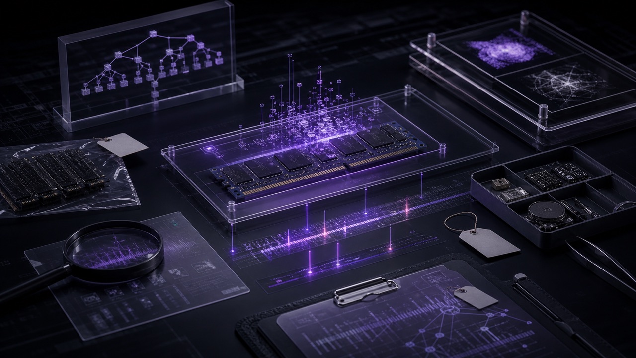 Cinematic dark DFIR bench with memory modules, process-tree evidence, and violet forensic timeline artifacts for VolatilityAI.